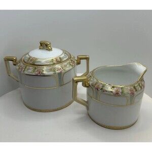 Nippon Gold Trimmed Hand Painted Porcelain Creamer and Sugar Set w/Lid Vintage
